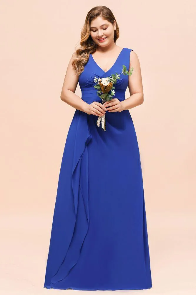 Plus Size Chiffon Sleeveless Royal Blue Bridesmaid  Dress V-neck Simple Wedding Dress