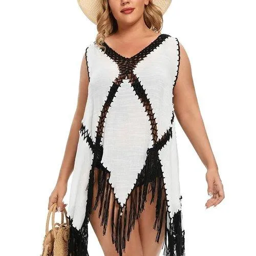 Plus Size Crochet Tassel V-Neck Beach Cover Up