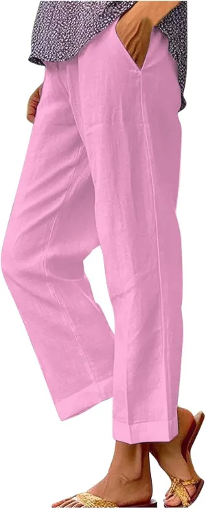 Plus Size Linen Pants Women's Casual Pants Elastic High Waisted Straight Leg Trousers Loose Summer Beach Bottoms