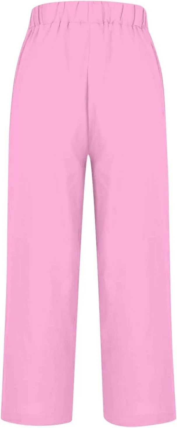 Plus Size Linen Pants Women's Casual Pants Elastic High Waisted Straight Leg Trousers Loose Summer Beach Bottoms