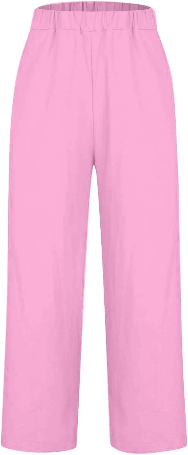 Plus Size Linen Pants Women's Casual Pants Elastic High Waisted Straight Leg Trousers Loose Summer Beach Bottoms