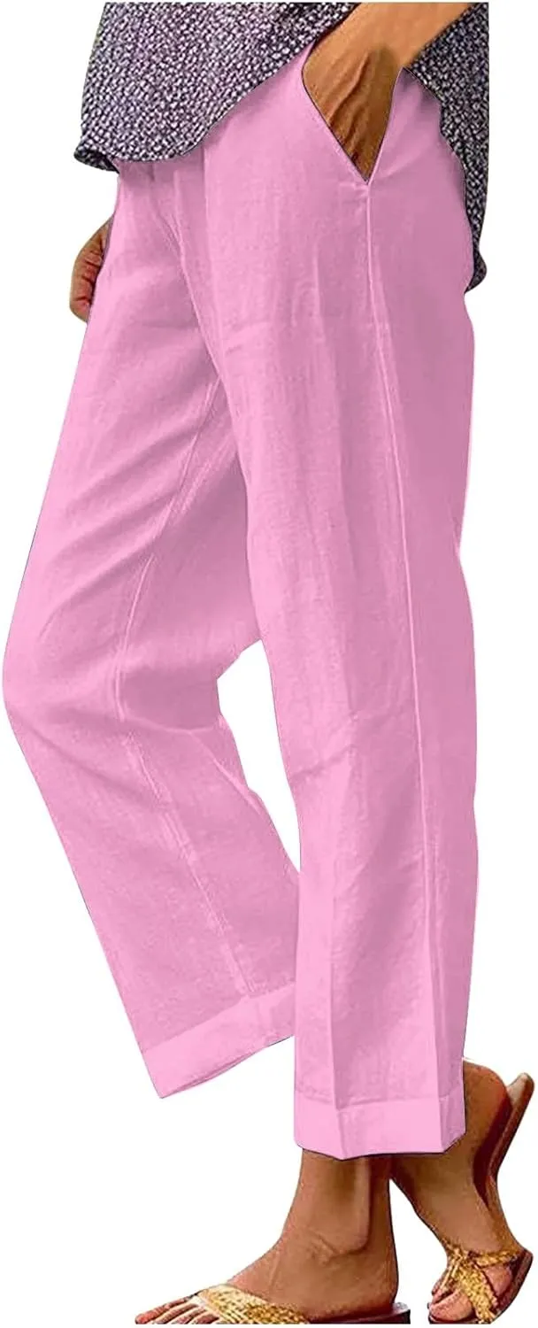 Plus Size Linen Pants Women's Casual Pants Elastic High Waisted Straight Leg Trousers Loose Summer Beach Bottoms