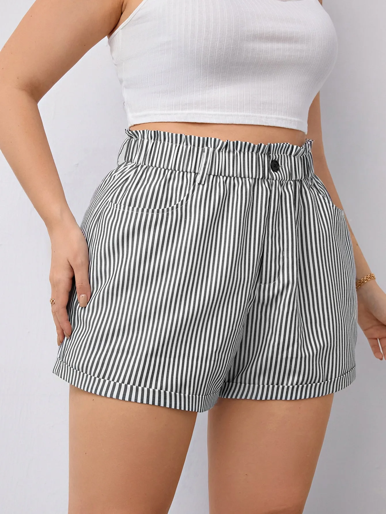 Plus Striped Paperbag Waist Shorts
