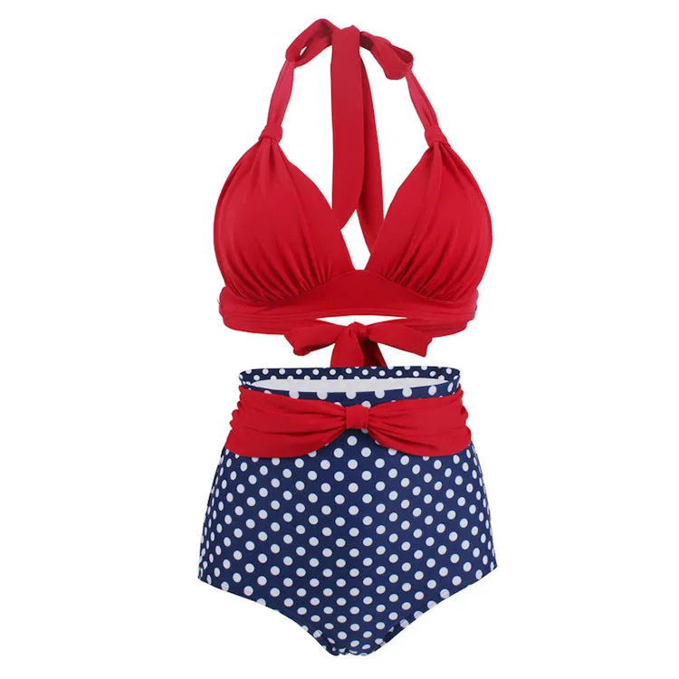 Polka Dot Large Size High Waist Swimsuit Women's Bandage Split Swimsuit Women's Sexy No Steel Rings