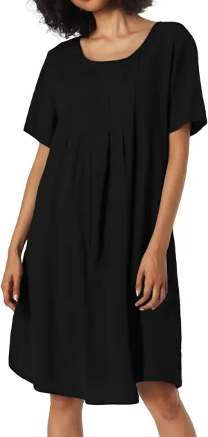 Poplin Dress Women Boho Flowy Pleated Crew Neck Midi Dress with Sleeves Loose Summer Swimsuit Coverup for Women