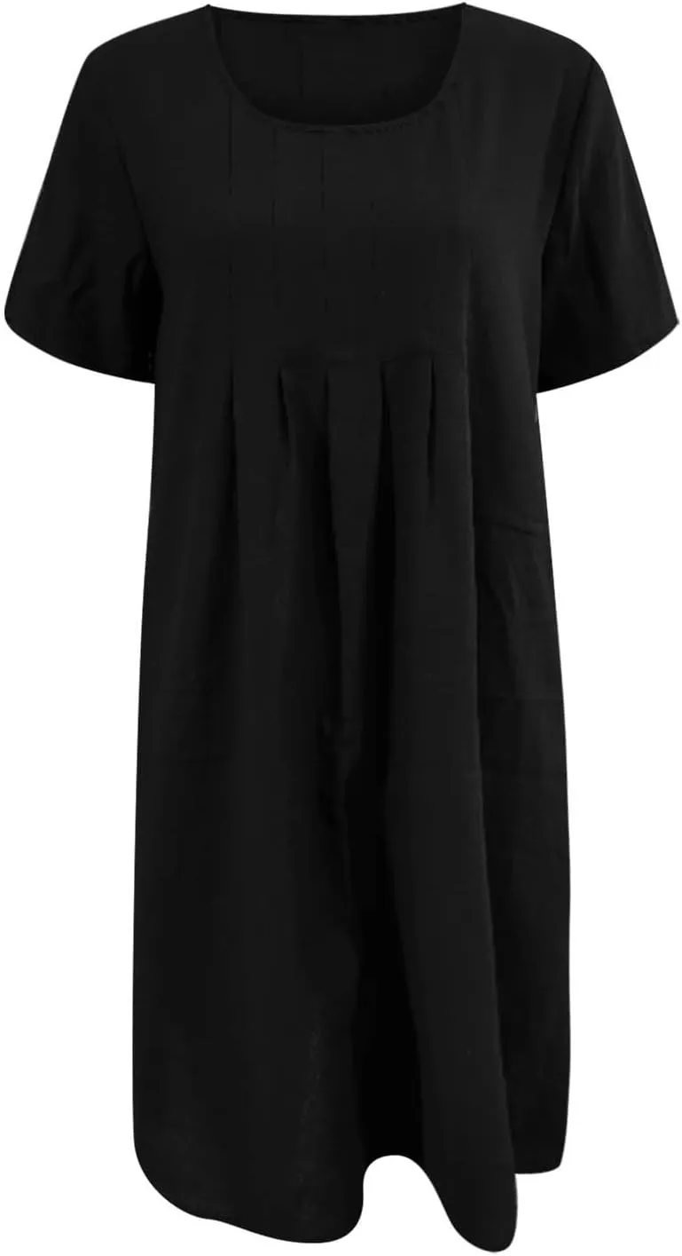 Poplin Dress Women Boho Flowy Pleated Crew Neck Midi Dress with Sleeves Loose Summer Swimsuit Coverup for Women