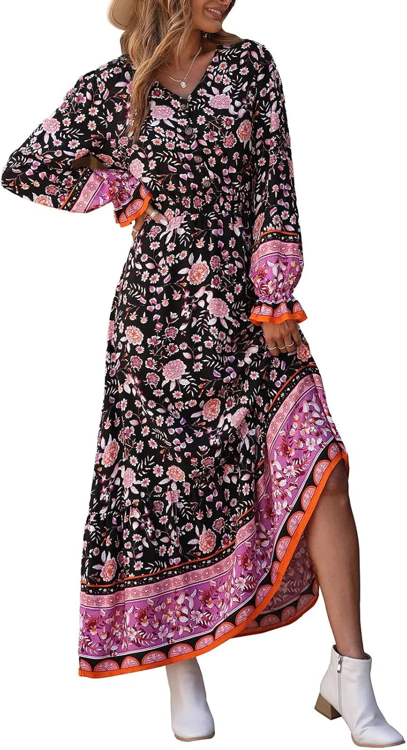 PRETTYGARDEN Long Sleeve Maxi Dress for Women V Neck Casual Button Down Boho Long Floral Dresses