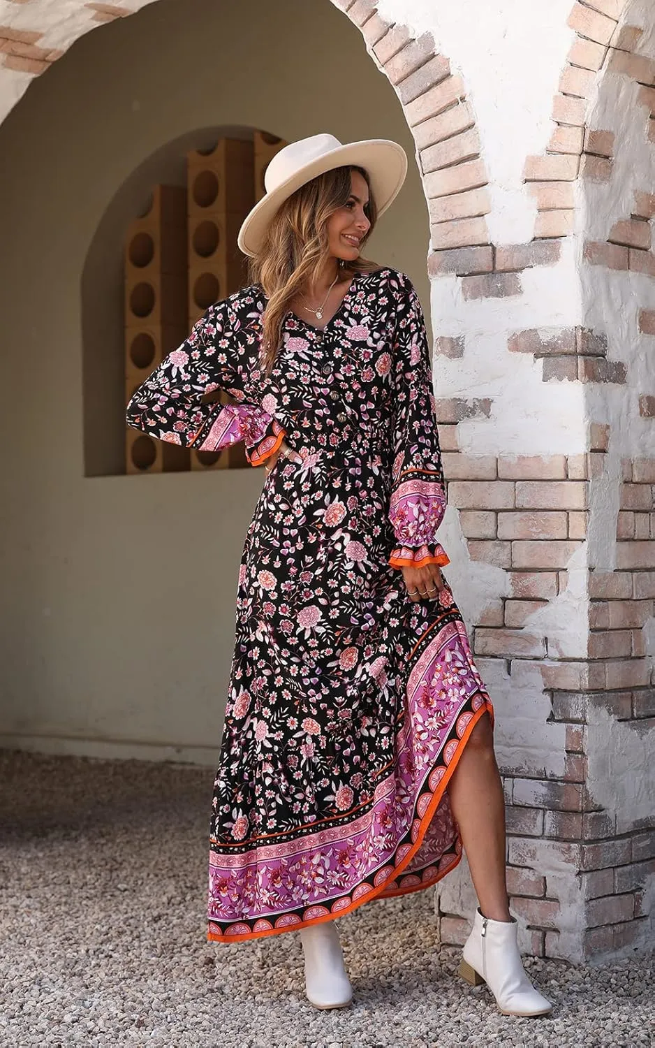 PRETTYGARDEN Long Sleeve Maxi Dress for Women V Neck Casual Button Down Boho Long Floral Dresses