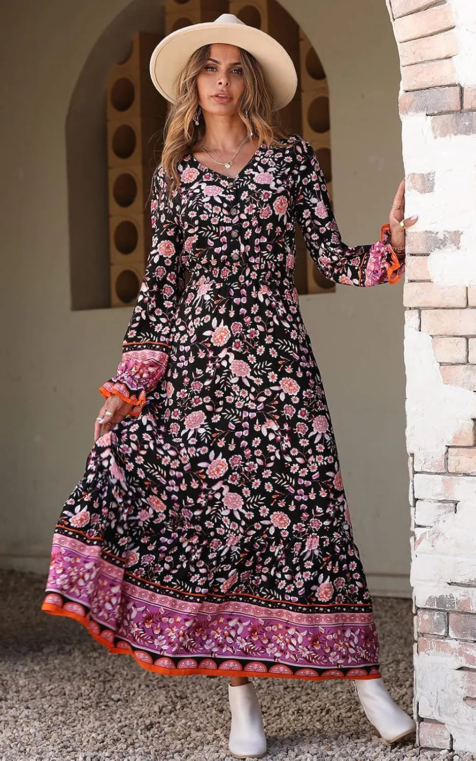 PRETTYGARDEN Long Sleeve Maxi Dress for Women V Neck Casual Button Down Boho Long Floral Dresses