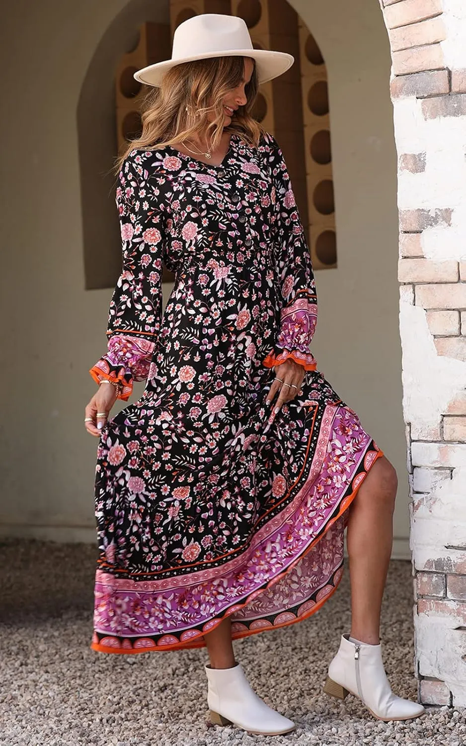 PRETTYGARDEN Long Sleeve Maxi Dress for Women V Neck Casual Button Down Boho Long Floral Dresses