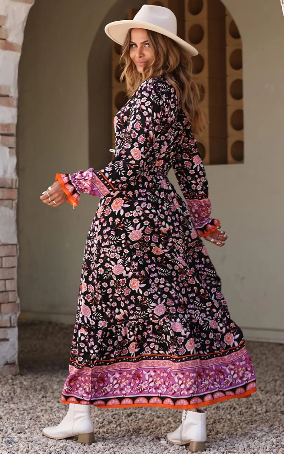 PRETTYGARDEN Long Sleeve Maxi Dress for Women V Neck Casual Button Down Boho Long Floral Dresses