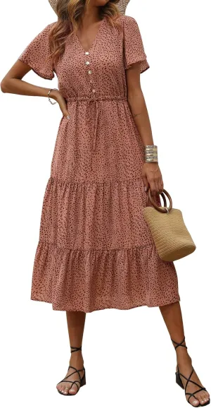 PRETTYGARDEN Summer Floral Dress for Women 2025 Casual Boho Short Sleeve Maxi Dresses V Neck Tiered Flowy Beach Sundress