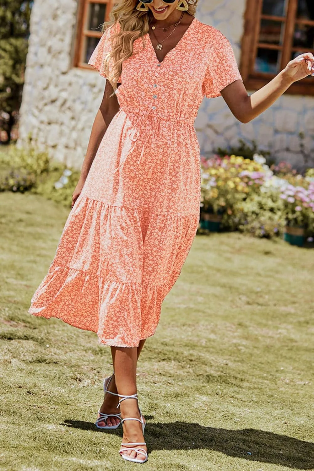 PRETTYGARDEN Summer Floral Dress for Women 2025 Casual Boho Short Sleeve Maxi Dresses V Neck Tiered Flowy Beach Sundress