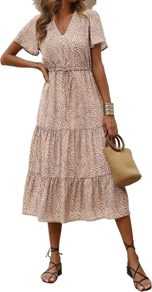 PRETTYGARDEN Summer Floral Dress for Women 2025 Casual Boho Short Sleeve Maxi Dresses V Neck Tiered Flowy Beach Sundress