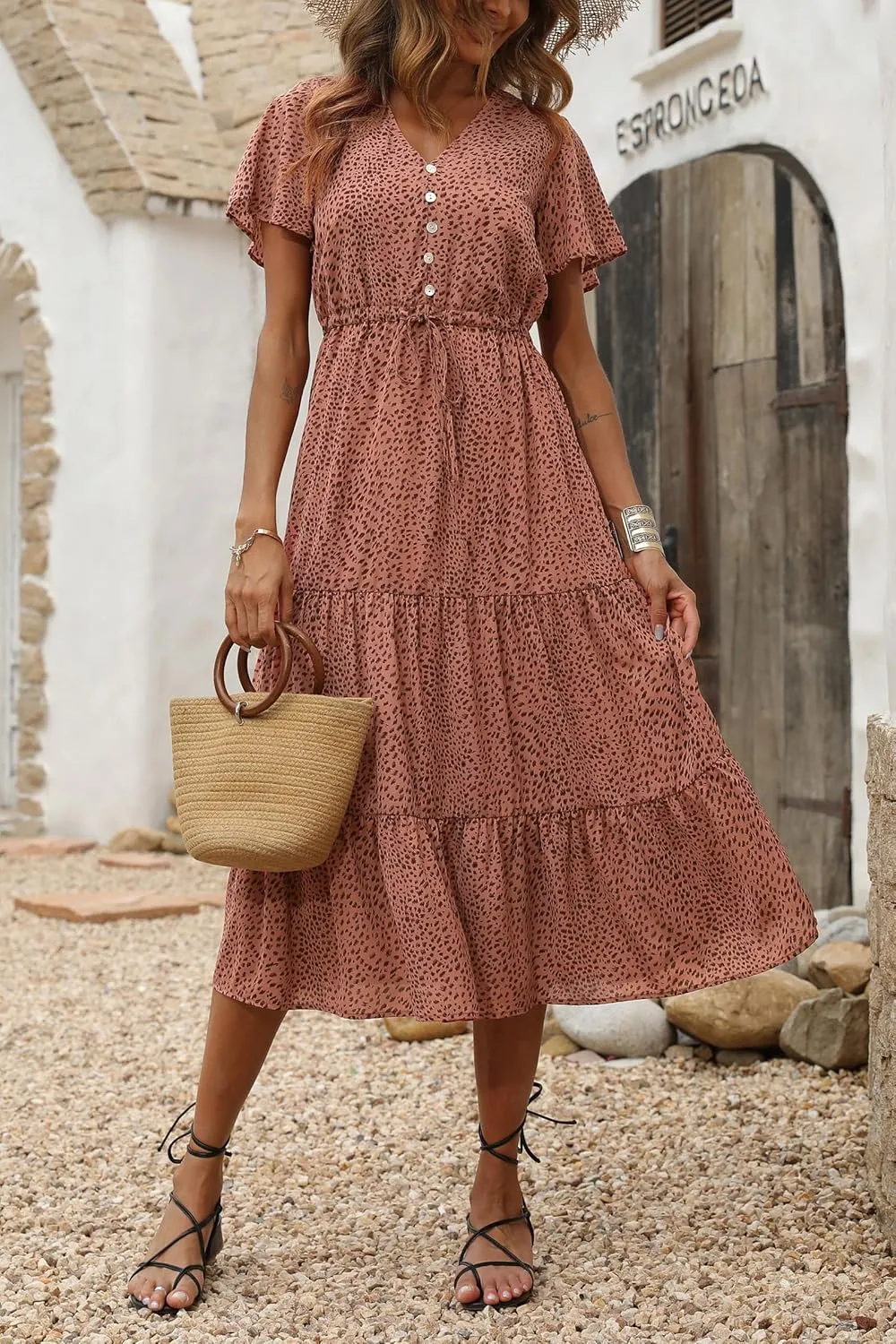 PRETTYGARDEN Summer Floral Dress for Women 2025 Casual Boho Short Sleeve Maxi Dresses V Neck Tiered Flowy Beach Sundress