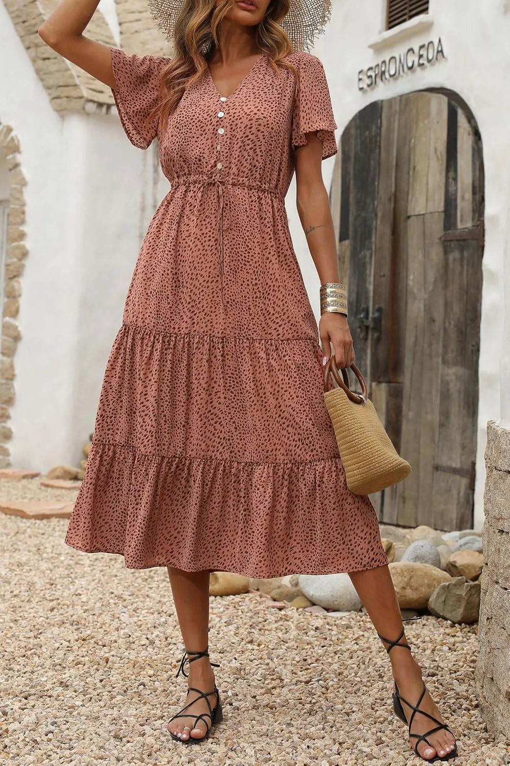 PRETTYGARDEN Summer Floral Dress for Women 2025 Casual Boho Short Sleeve Maxi Dresses V Neck Tiered Flowy Beach Sundress