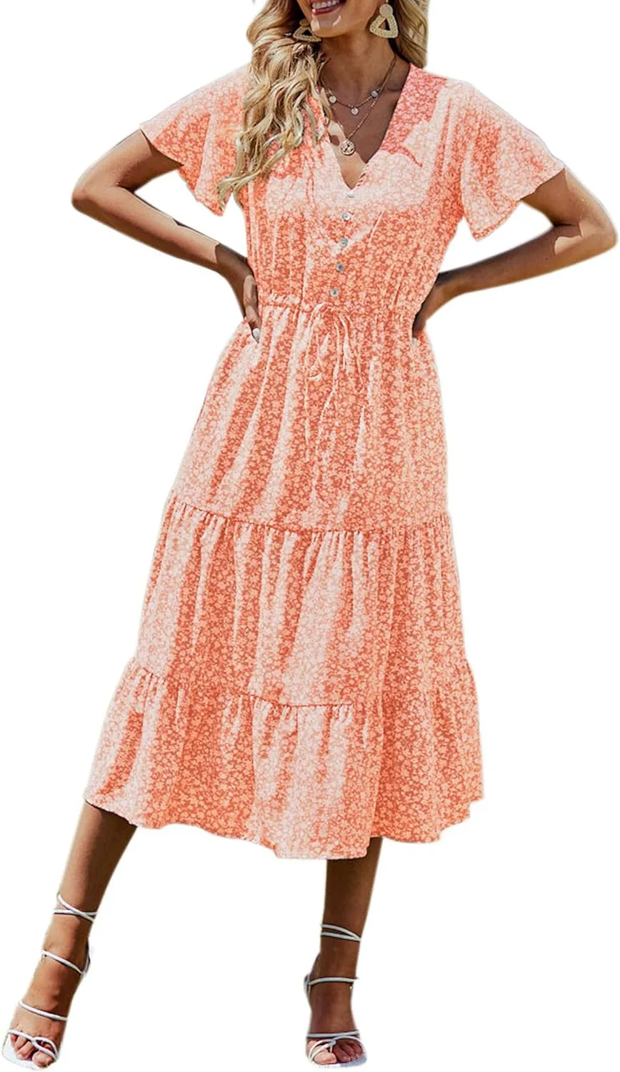 PRETTYGARDEN Summer Floral Dress for Women 2025 Casual Boho Short Sleeve Maxi Dresses V Neck Tiered Flowy Beach Sundress