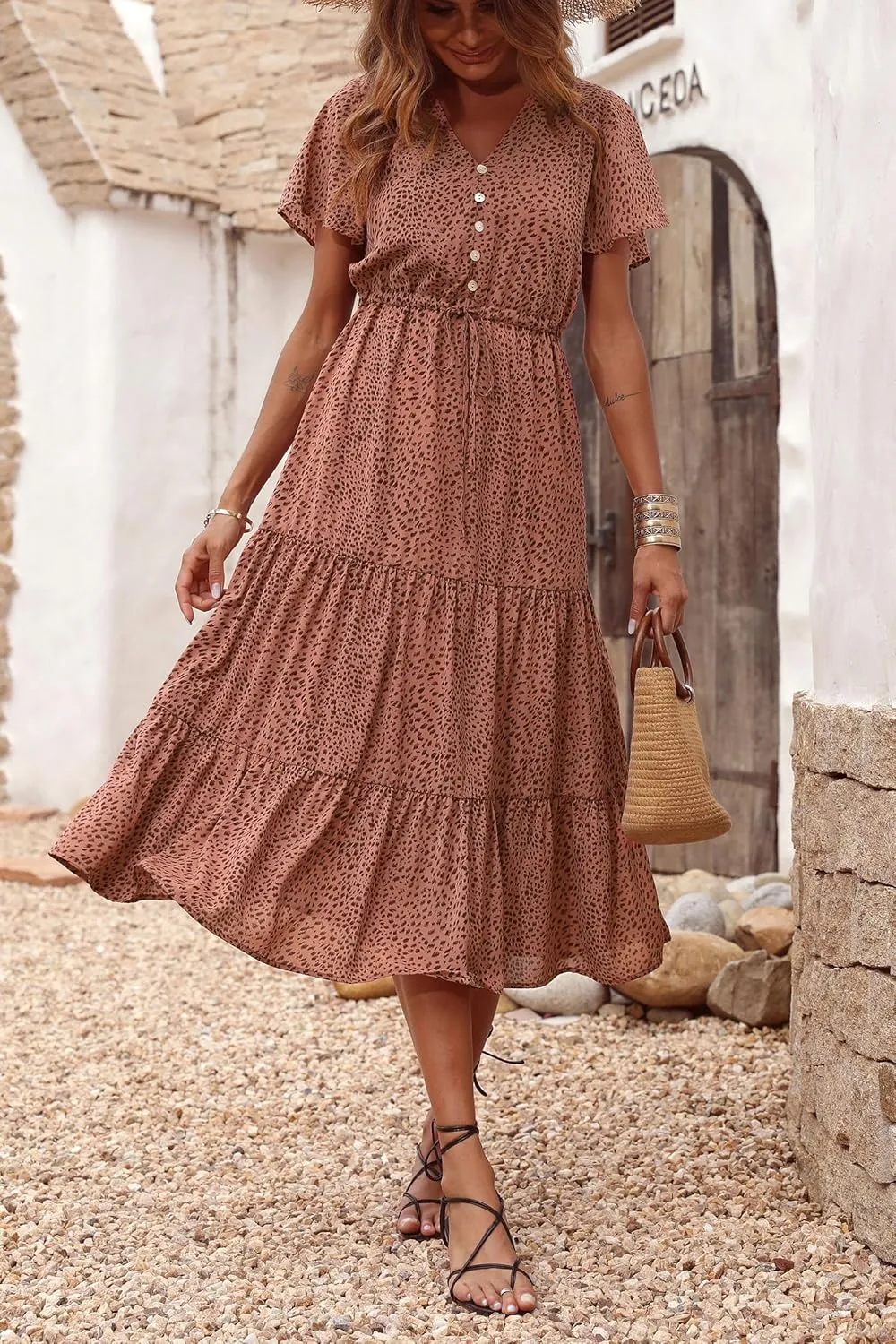 PRETTYGARDEN Summer Floral Dress for Women 2025 Casual Boho Short Sleeve Maxi Dresses V Neck Tiered Flowy Beach Sundress