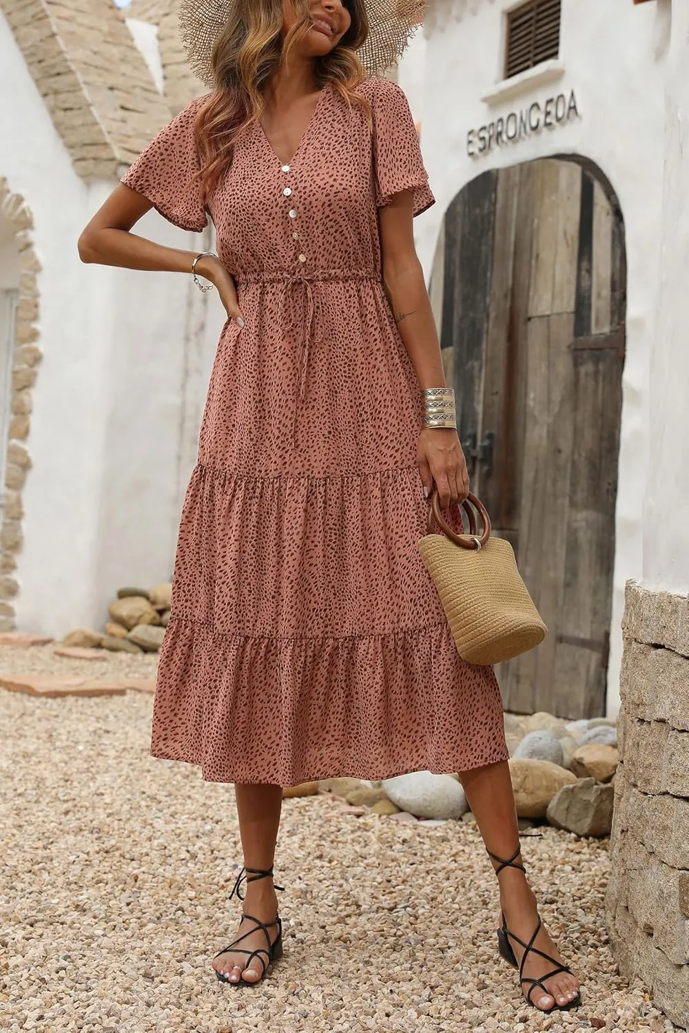 PRETTYGARDEN Summer Floral Dress for Women 2025 Casual Boho Short Sleeve Maxi Dresses V Neck Tiered Flowy Beach Sundress