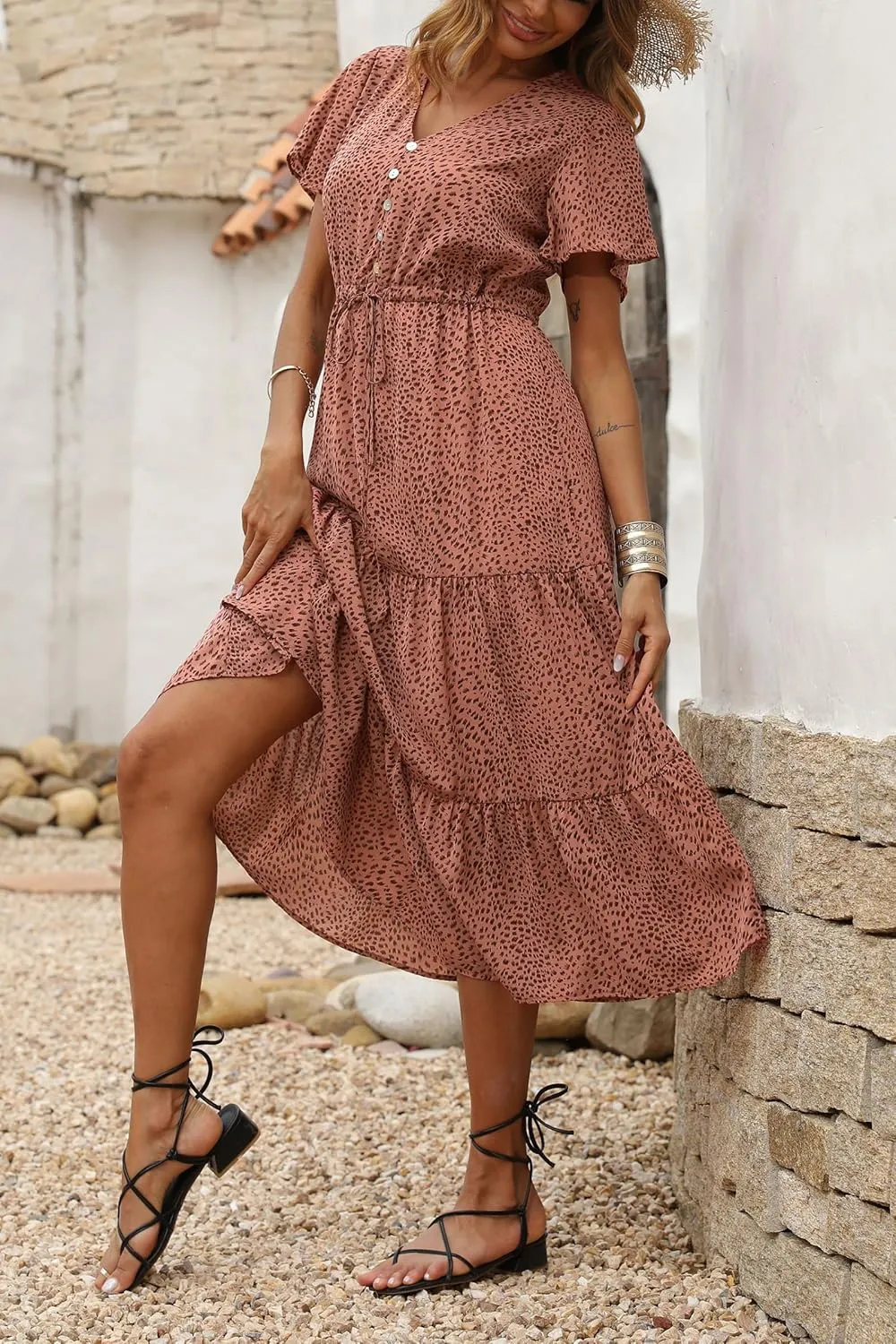 PRETTYGARDEN Summer Floral Dress for Women 2025 Casual Boho Short Sleeve Maxi Dresses V Neck Tiered Flowy Beach Sundress