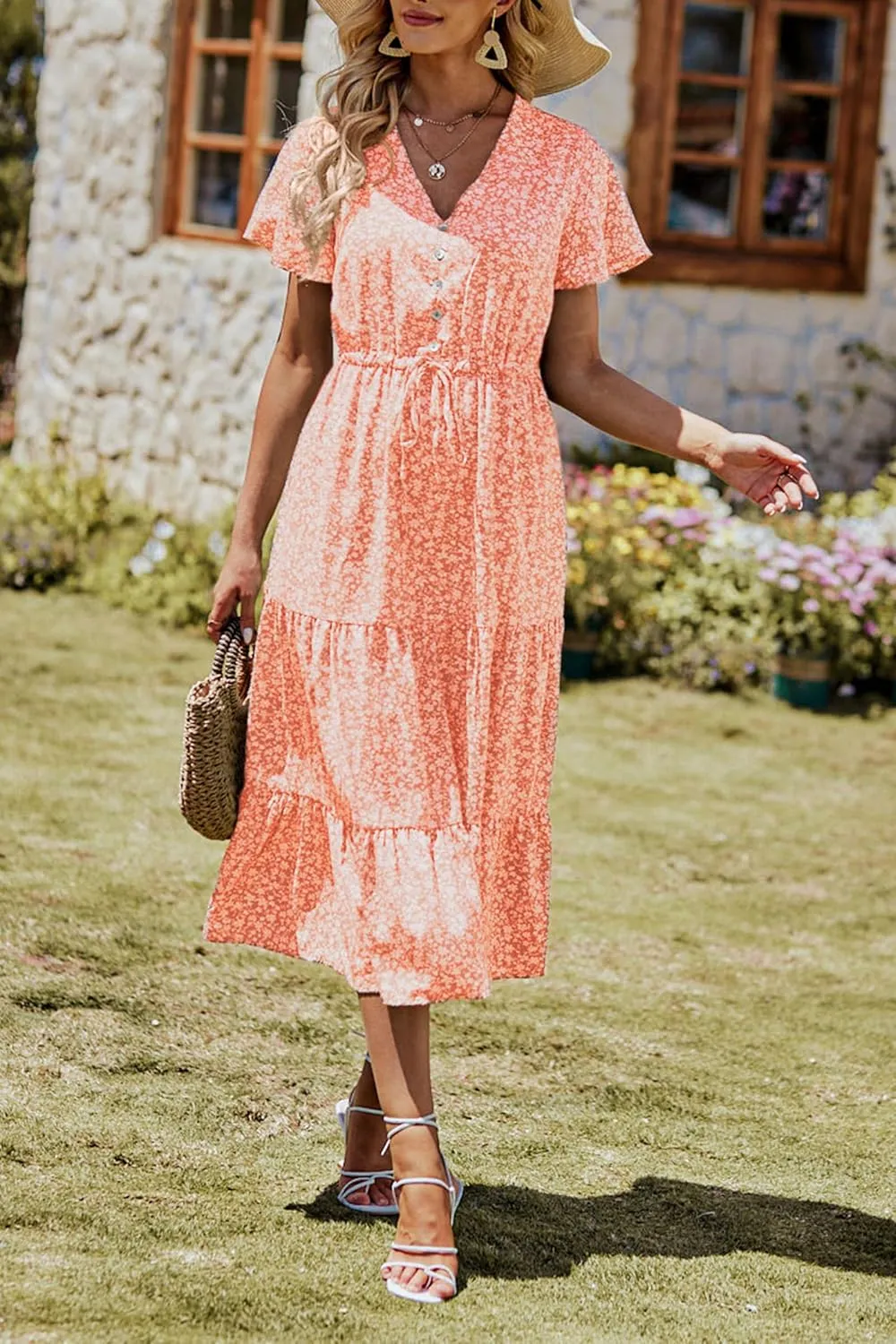 PRETTYGARDEN Summer Floral Dress for Women 2025 Casual Boho Short Sleeve Maxi Dresses V Neck Tiered Flowy Beach Sundress