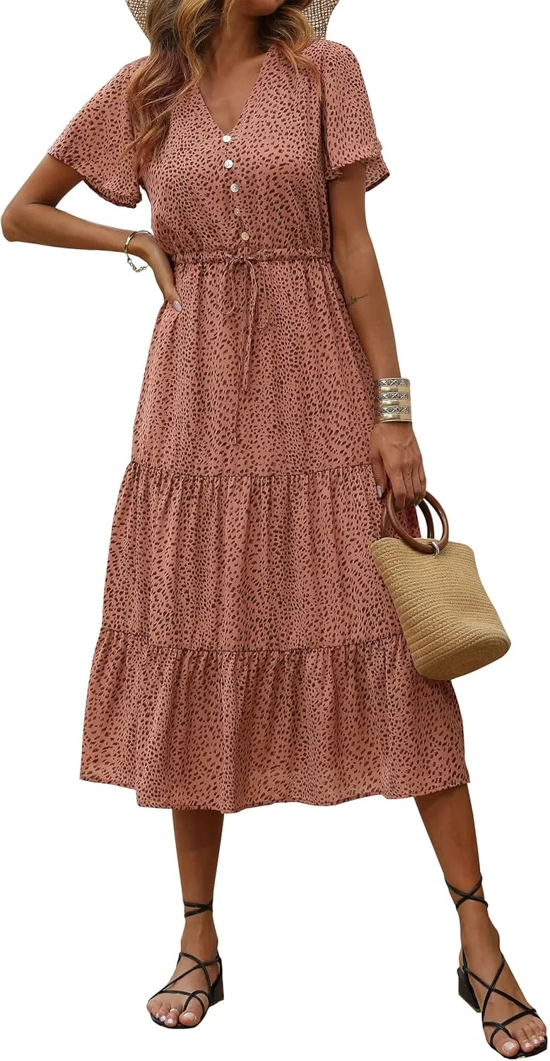 PRETTYGARDEN Summer Floral Dress for Women 2025 Casual Boho Short Sleeve Maxi Dresses V Neck Tiered Flowy Beach Sundress
