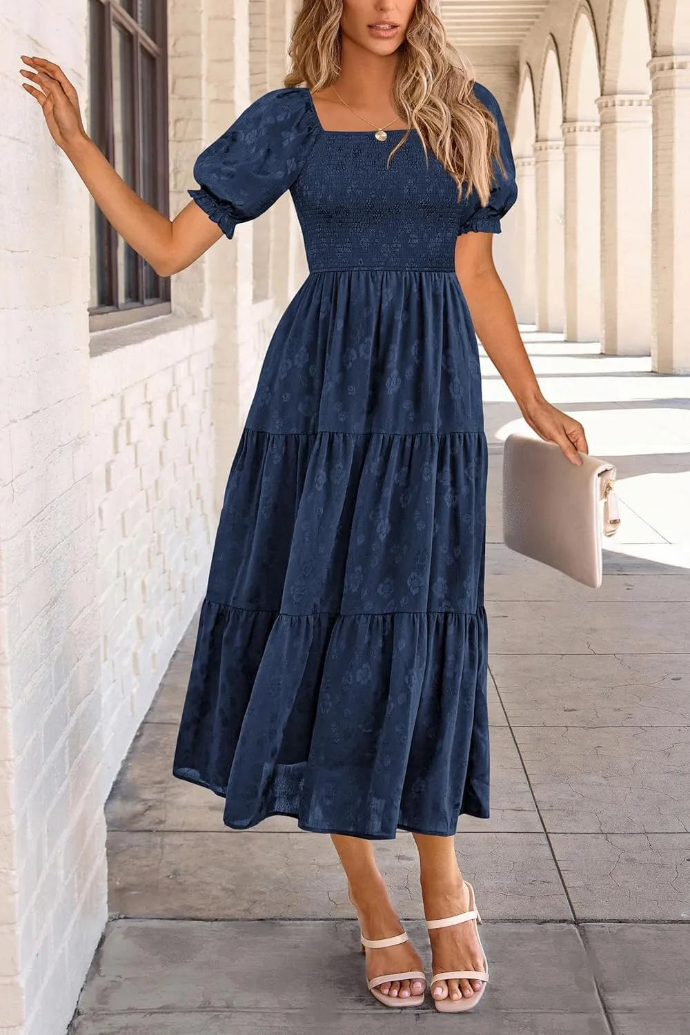 PRETTYGARDEN Women's 2025 Summer Casual Midi Dresses Square Neck Short Sleeve Smocked A Line Floral Flowy Elegant Boho Dress