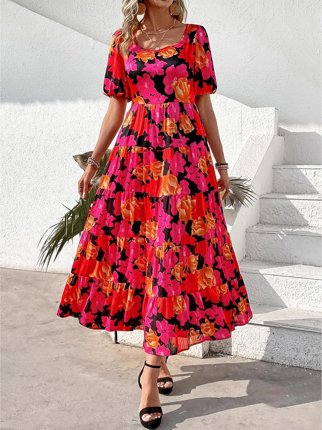 PRETTYGARDEN Womens Dresses 2025 Puff Sleeve Floral Casual Summer Dress Smocked Back Beach Flowy Tiered Maxi Sundress