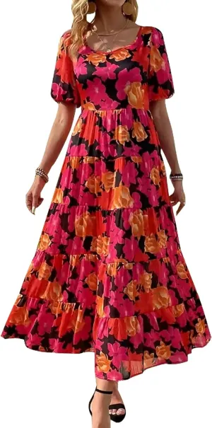 PRETTYGARDEN Womens Dresses 2025 Puff Sleeve Floral Casual Summer Dress Smocked Back Beach Flowy Tiered Maxi Sundress