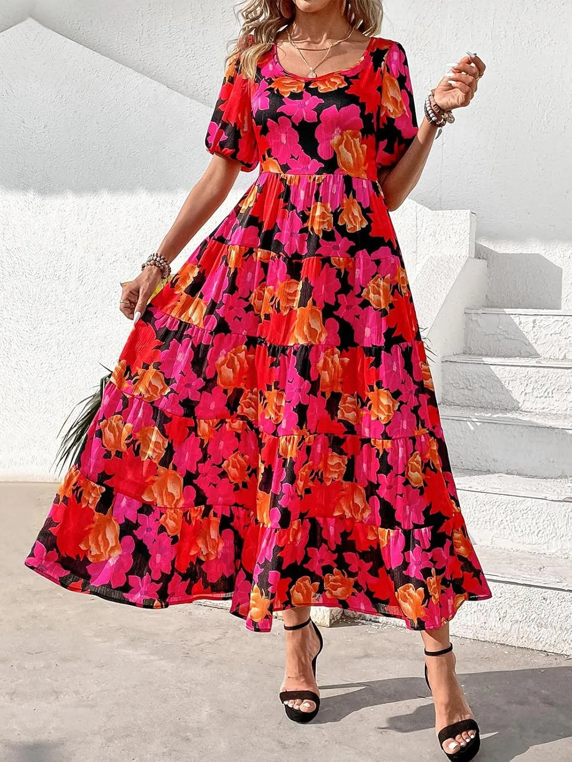 PRETTYGARDEN Womens Dresses 2025 Puff Sleeve Floral Casual Summer Dress Smocked Back Beach Flowy Tiered Maxi Sundress