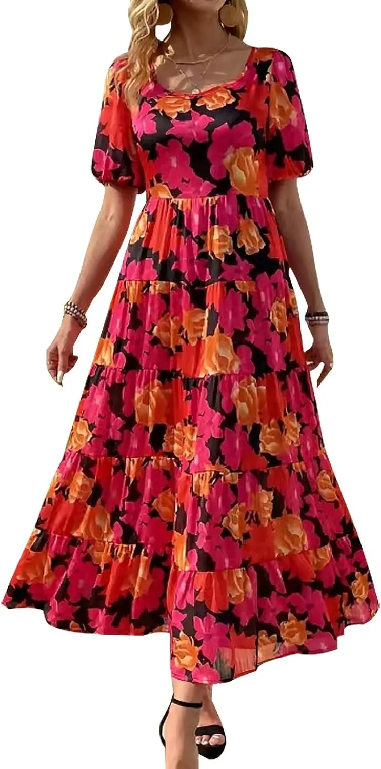 PRETTYGARDEN Womens Dresses 2025 Puff Sleeve Floral Casual Summer Dress Smocked Back Beach Flowy Tiered Maxi Sundress
