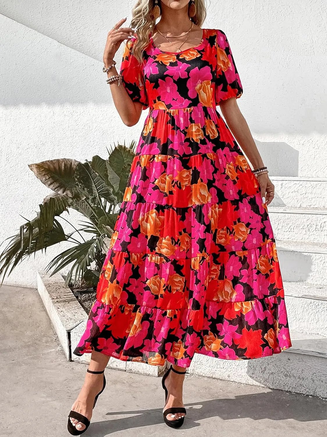 PRETTYGARDEN Womens Dresses 2025 Puff Sleeve Floral Casual Summer Dress Smocked Back Beach Flowy Tiered Maxi Sundress