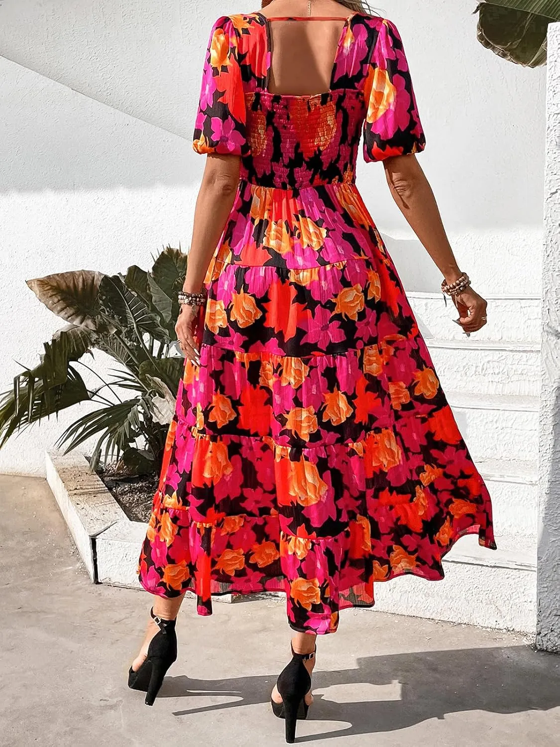 PRETTYGARDEN Womens Dresses 2025 Puff Sleeve Floral Casual Summer Dress Smocked Back Beach Flowy Tiered Maxi Sundress