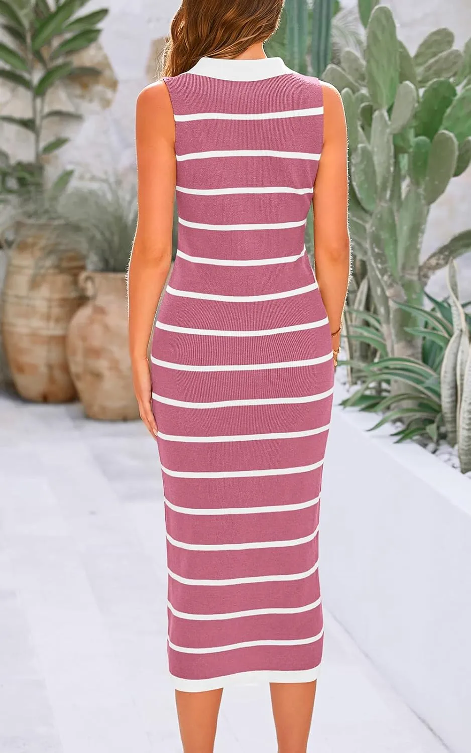 PRETTYGARDEN Womens Dresses Casual Sleeveless Bodycon Midi Dress Lapel V Neck Striped Long Summer Dresses for Women 2025