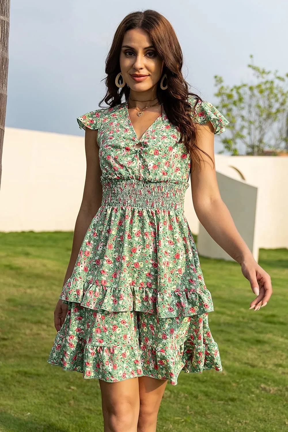 PRETTYGARDEN Womens Summer Dresses Boho V Neck Floral Print Ruffle Sleeve Layered Mini Dress Cute Smocked Waist Short Dress