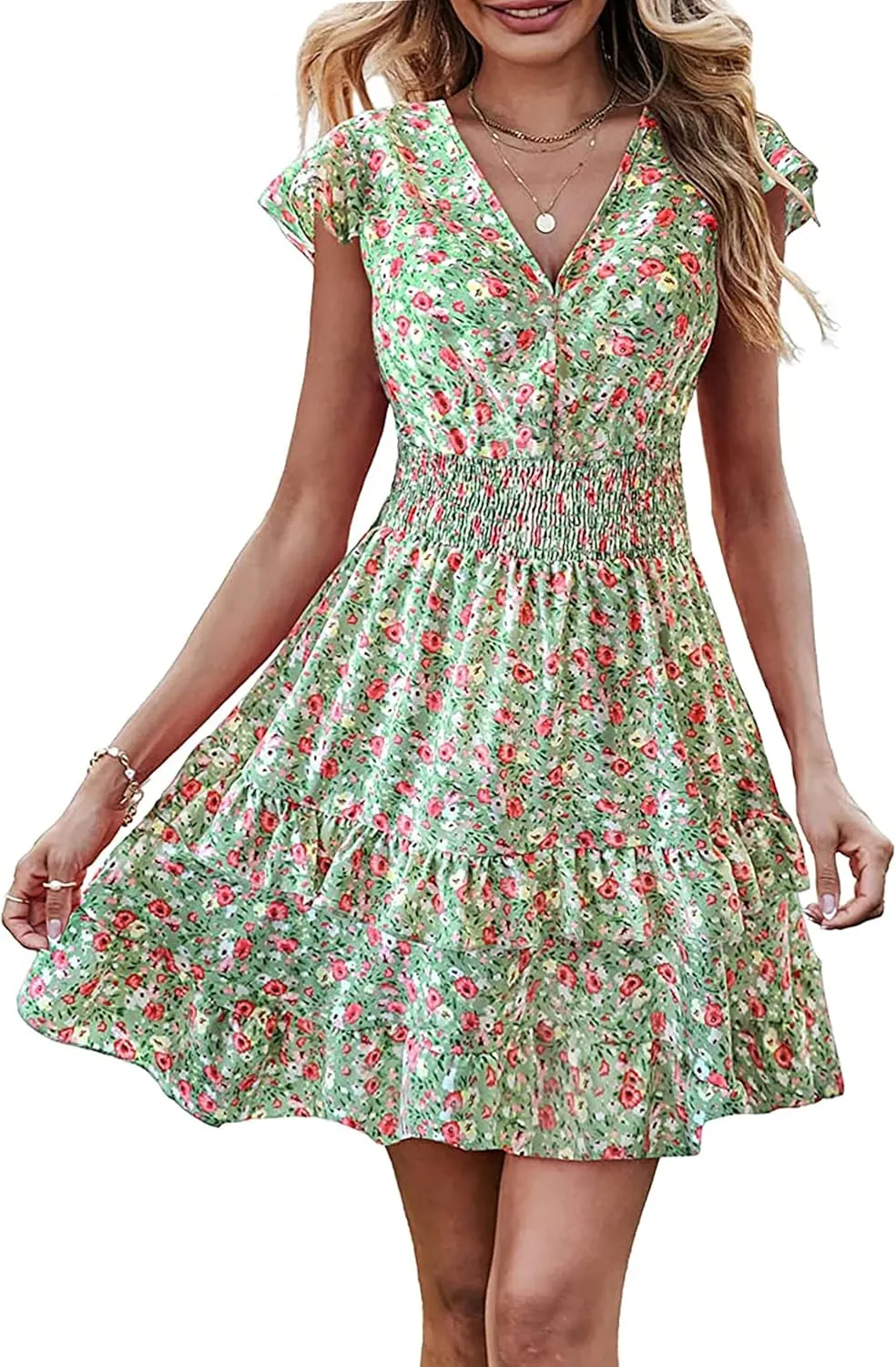 PRETTYGARDEN Womens Summer Dresses Boho V Neck Floral Print Ruffle Sleeve Layered Mini Dress Cute Smocked Waist Short Dress
