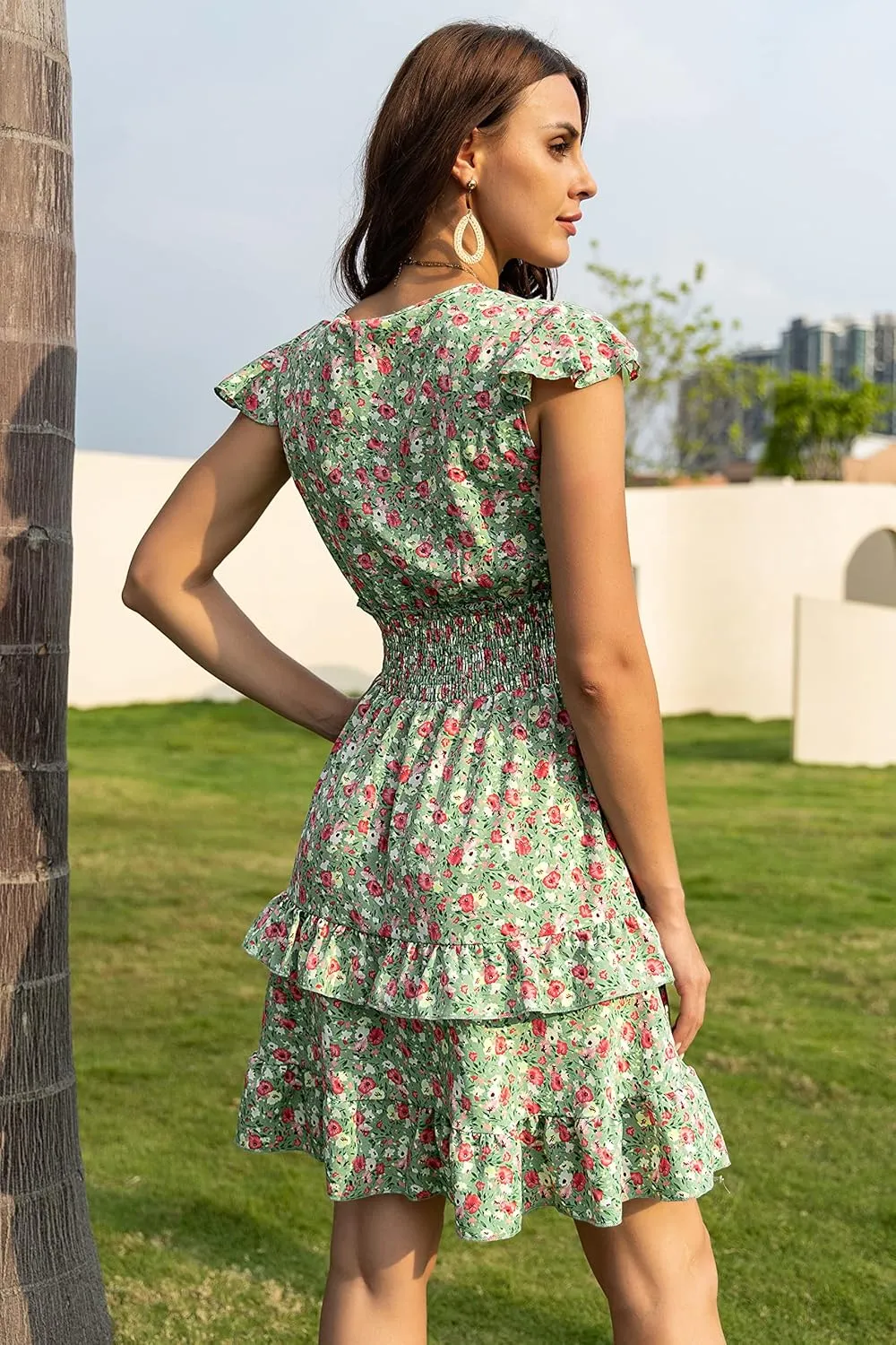 PRETTYGARDEN Womens Summer Dresses Boho V Neck Floral Print Ruffle Sleeve Layered Mini Dress Cute Smocked Waist Short Dress
