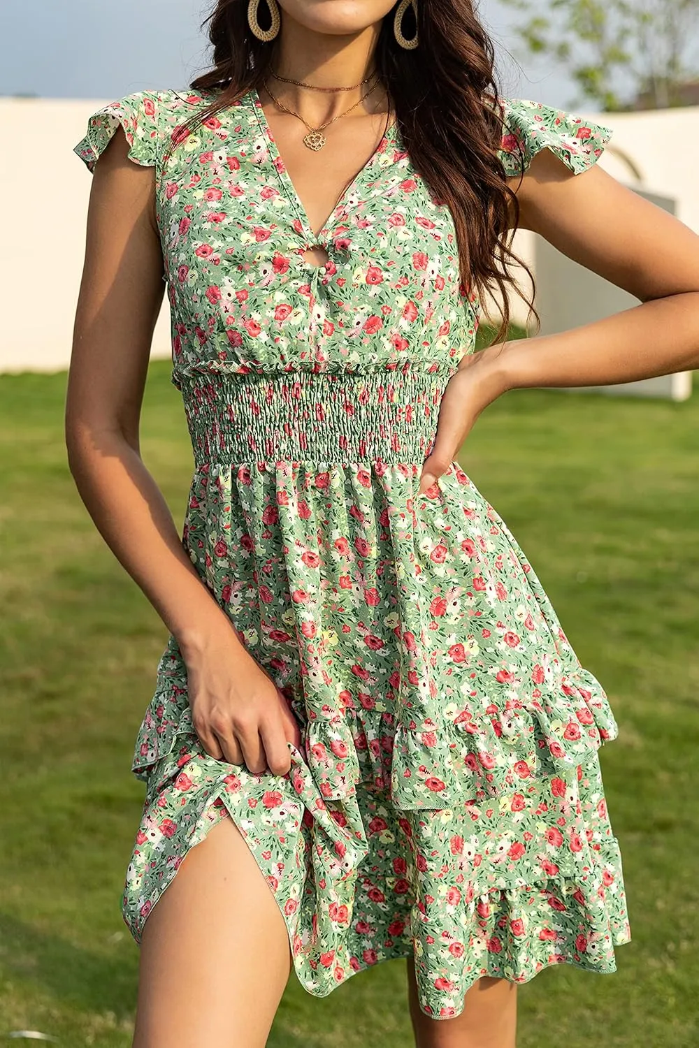 PRETTYGARDEN Womens Summer Dresses Boho V Neck Floral Print Ruffle Sleeve Layered Mini Dress Cute Smocked Waist Short Dress
