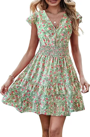 PRETTYGARDEN Womens Summer Dresses Boho V Neck Floral Print Ruffle Sleeve Layered Mini Dress Cute Smocked Waist Short Dress