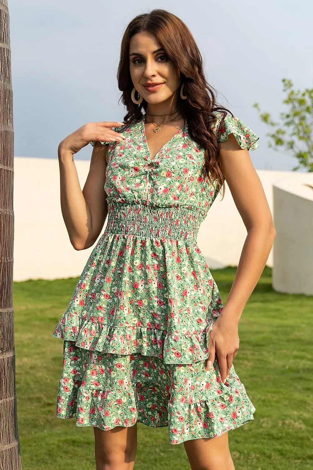 PRETTYGARDEN Womens Summer Dresses Boho V Neck Floral Print Ruffle Sleeve Layered Mini Dress Cute Smocked Waist Short Dress