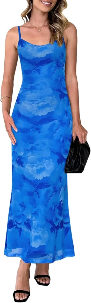 PRETTYGARDEN Womens Summer Dresses Spaghetti Strap Floral Maxi Dress Sleeveless Long Bodycon Dresses Wedding Guest Dress