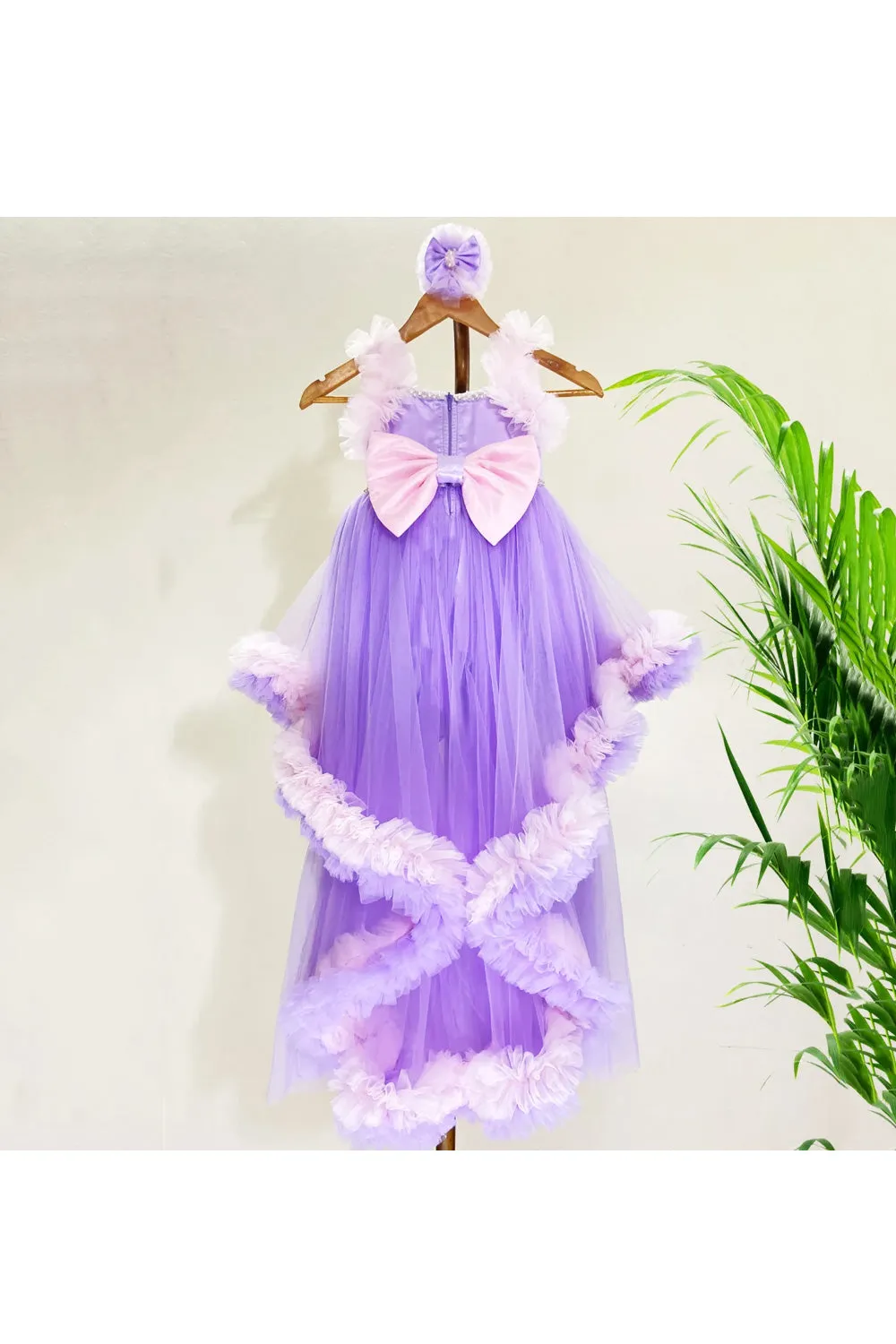 Purple Beads Embellished Frilled High-Low Net Dress