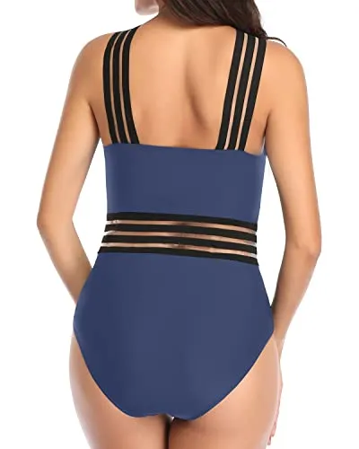 Removable Padded Push Up Bras One Piece Front Crossover Swimwear-Blue