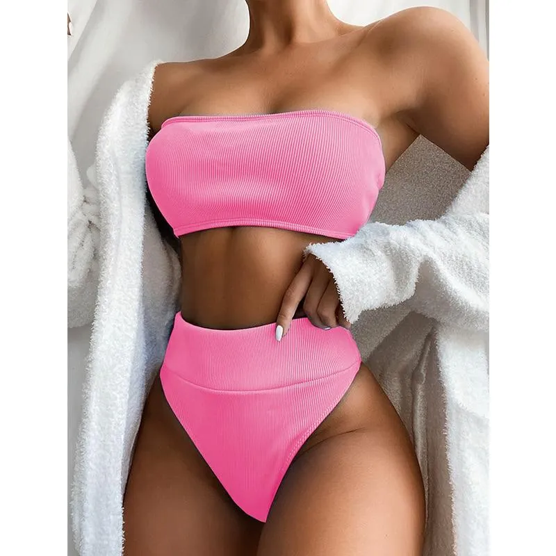 Ribbed Bandeau Bikinis  Ribbed Swimsuit Female Strapless Sports