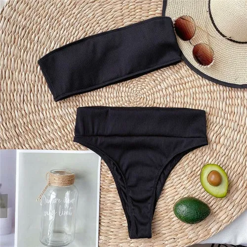 Ribbed Bandeau Bikinis  Ribbed Swimsuit Female Strapless Sports