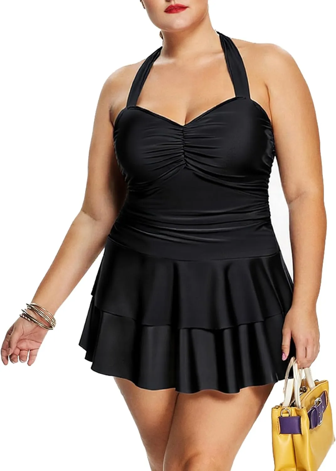 Rosegal Women Plus Size Halter Modest One-Piece Swimwear Backless Ruched Padded Flounce Layered Swimdress