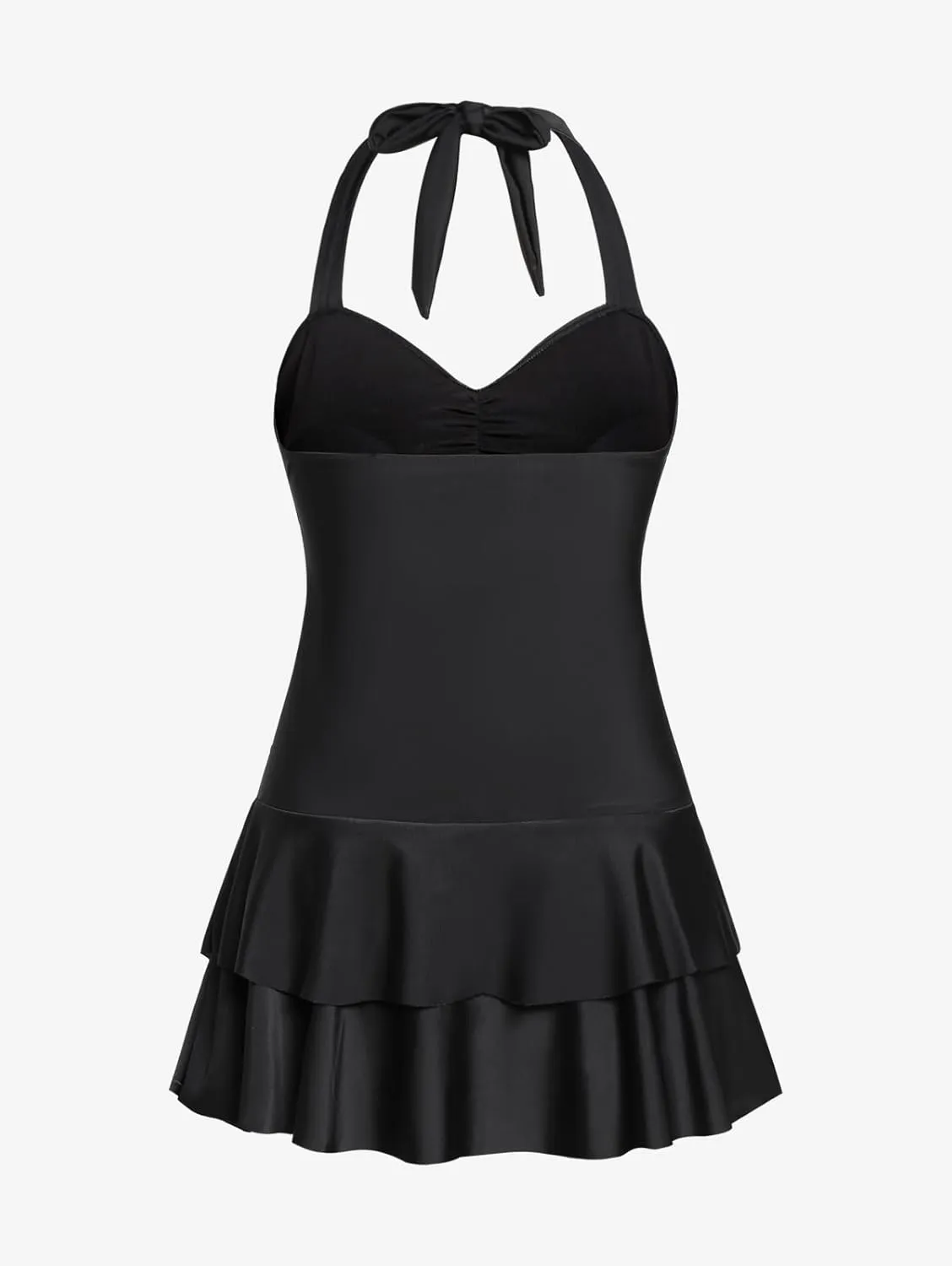 Rosegal Women Plus Size Halter Modest One-Piece Swimwear Backless Ruched Padded Flounce Layered Swimdress