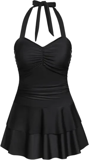 Rosegal Women Plus Size Halter Modest One-Piece Swimwear Backless Ruched Padded Flounce Layered Swimdress