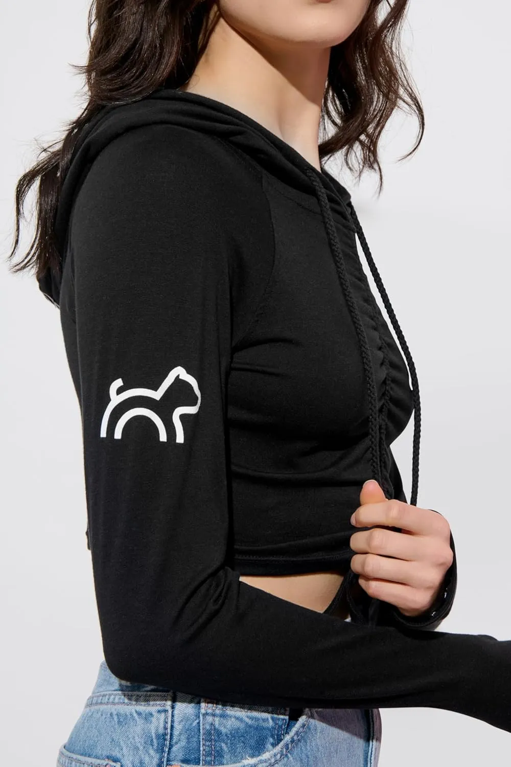 Ruched Adjustable Cropped Hoodie for Women in Black