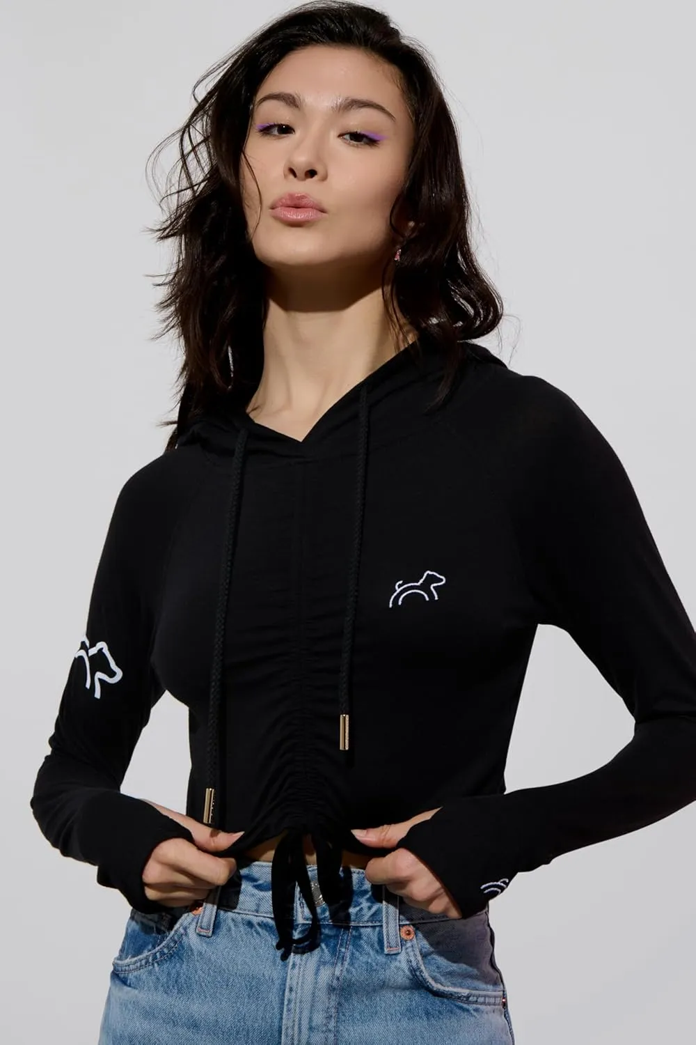 Ruched Adjustable Cropped Hoodie for Women in Black